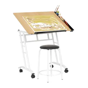 Studio Craft Center 2 Pc Rolling Drawing Table and Stool Set with Adjustable Top- White/Maple  13240