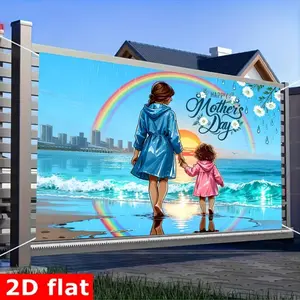 2D Flat - 2D Flat - 2D Flat Tapestry Mother'S Day Theme Backdrop Featuring a Woman in a Blue Raincoat Holding Hands with a Little Girl Walking on The Beach, with a Background of City Skyline And Sunset Scenery