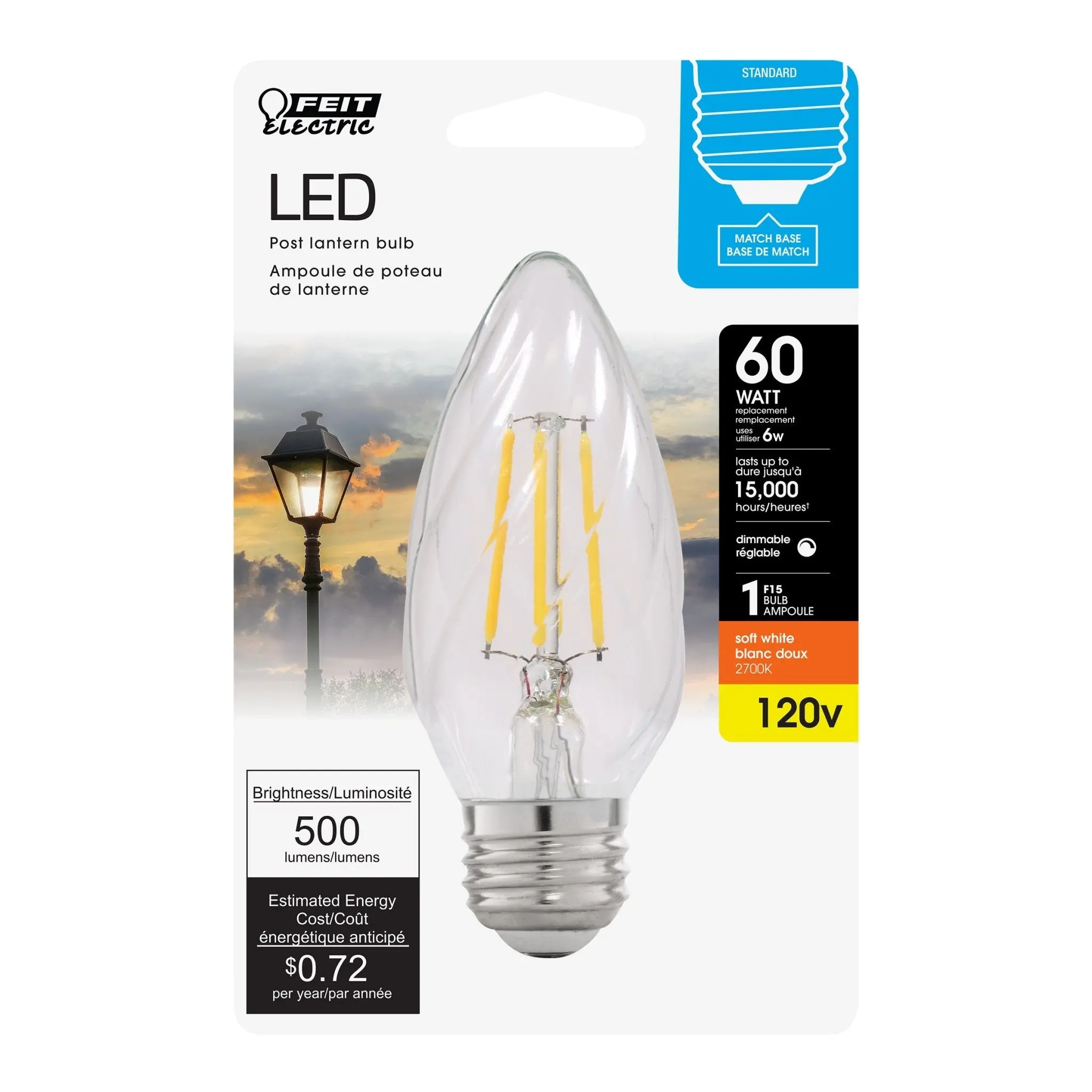Feit Electric 60 Watt Replacement Soft White 2700K E26 Base F15 Dimmable LED Post Lantern Light Bulb