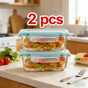 2 Pack 50 oz Glass Food Storage Containers, Meal Prep, Airtight Bento Boxes with Leak Proof Locking Lids, for Microwave, Lunch Boxes, Oven, Freezer And Dishwasher, BPA Free