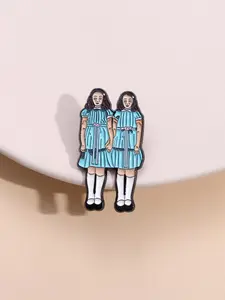 Classic the Shining Twin Sisters Badge, Light Blue Dress Hand-In-Hand Creepy Design for Horror Movie Fans, Unique Collectible for Kubrick Lovers