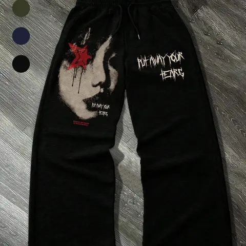 Men's Vintage Printed Drawstring Flared Pants with Pockets, Casual Street Style for Winter Fashion, Trendy Everyday Wear, Casual Bottoms