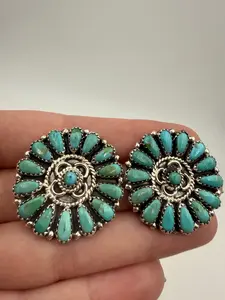 Native Turquoise Full Flower Cluster Sterling Silver Earrings