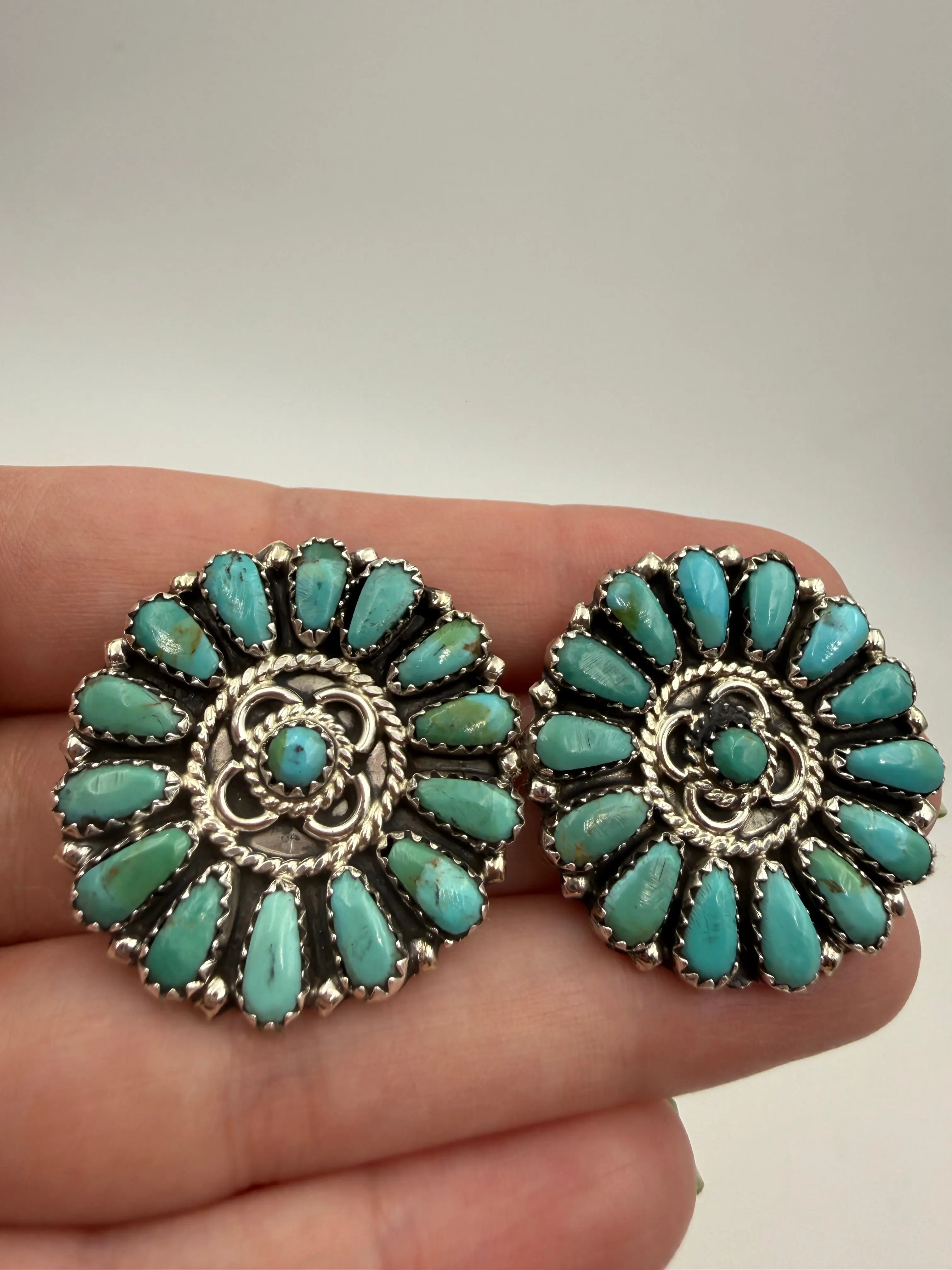 Native Turquoise Full Flower Cluster Sterling Silver Earrings