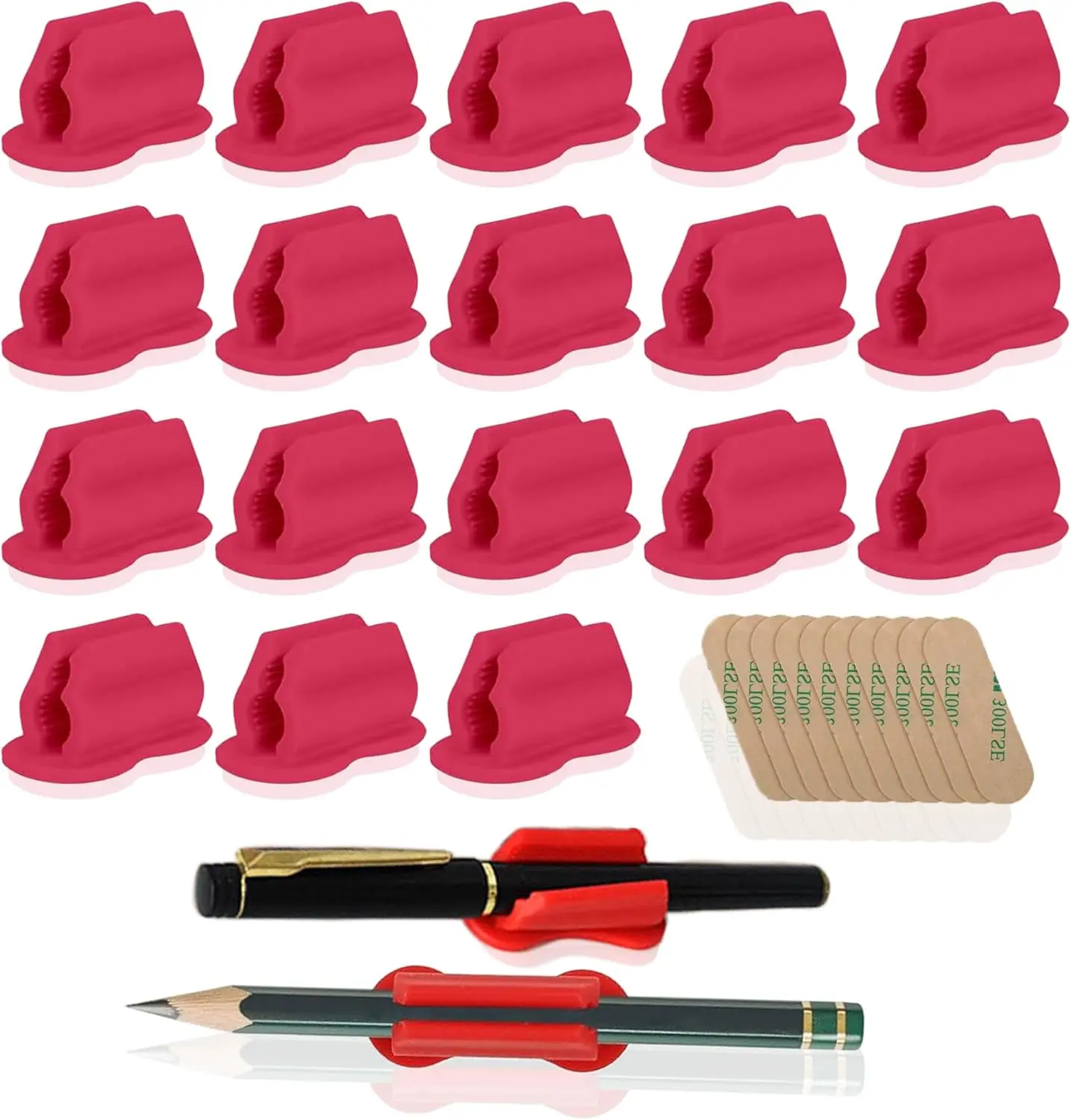 Adhesive Silicone Pen Holder 20 Pack for Desk & Wall, Flexible Pencil and Marker Clip Organizer with 10 Upgraded Stickers Pads for Reusable Office, Classroom & Teacher Supplies, Red