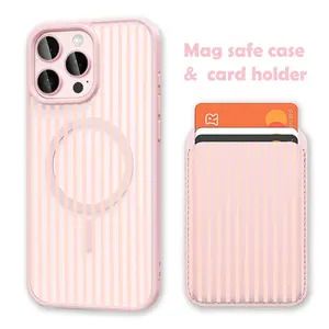 Pink Vertical Stripes Clear MagSafe Compatible Phone Case & Card Holder Wallet Magnetic Shockproof Cover for iPhone 17 /16 Pro Max Cases for Samsung S25 Black