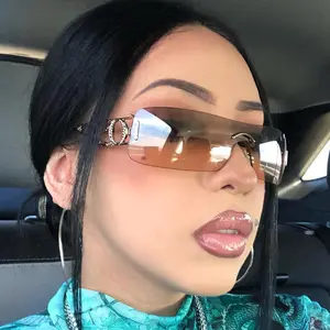 Y2K Frameless Sunglasses with Hollow Cut Mirror Legs Flame Style Metal Arm Silver Shield Cyberpunk Mirror Lenses Futuristic Design