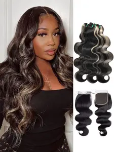 【NEW IN】ALHER #F1B/613 Ombre Skunk Stripe Balayage Colored Bundles (Color More Silver)  3 Bundles (#f1b/613) with 2x6/4x4 Closure(#Natural Black), 12A Virgin Thick Track Ombre Skunk Stripe Bundles with Natural Black Closure Pre Plucked