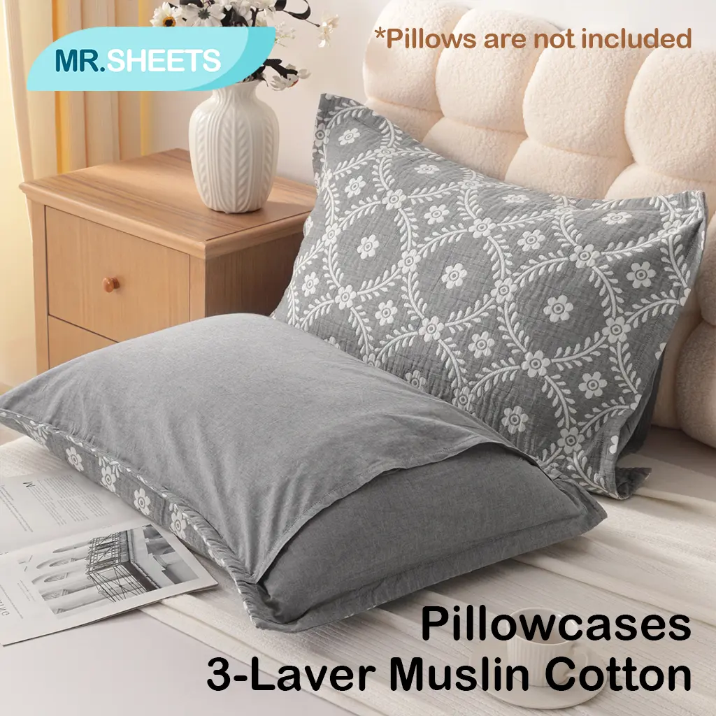 NTBAY 3-Layer Muslin Cotton Pillowcases Set of 2, Ultra Soft Quilted Cushion Covers, Skin-Friendly & Lightweight Bedding, Gets Softer with Every Wash