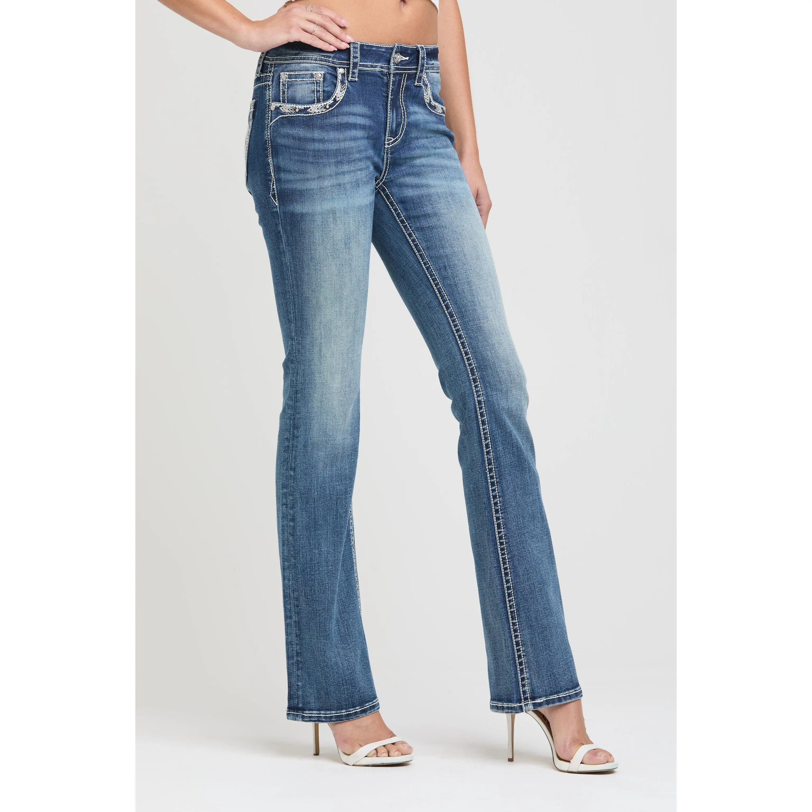 Aztec Cross Embroidered Bootcut Jeans for Women - Medium Blue Wash Mid Rise Denim with Turquoise Stones