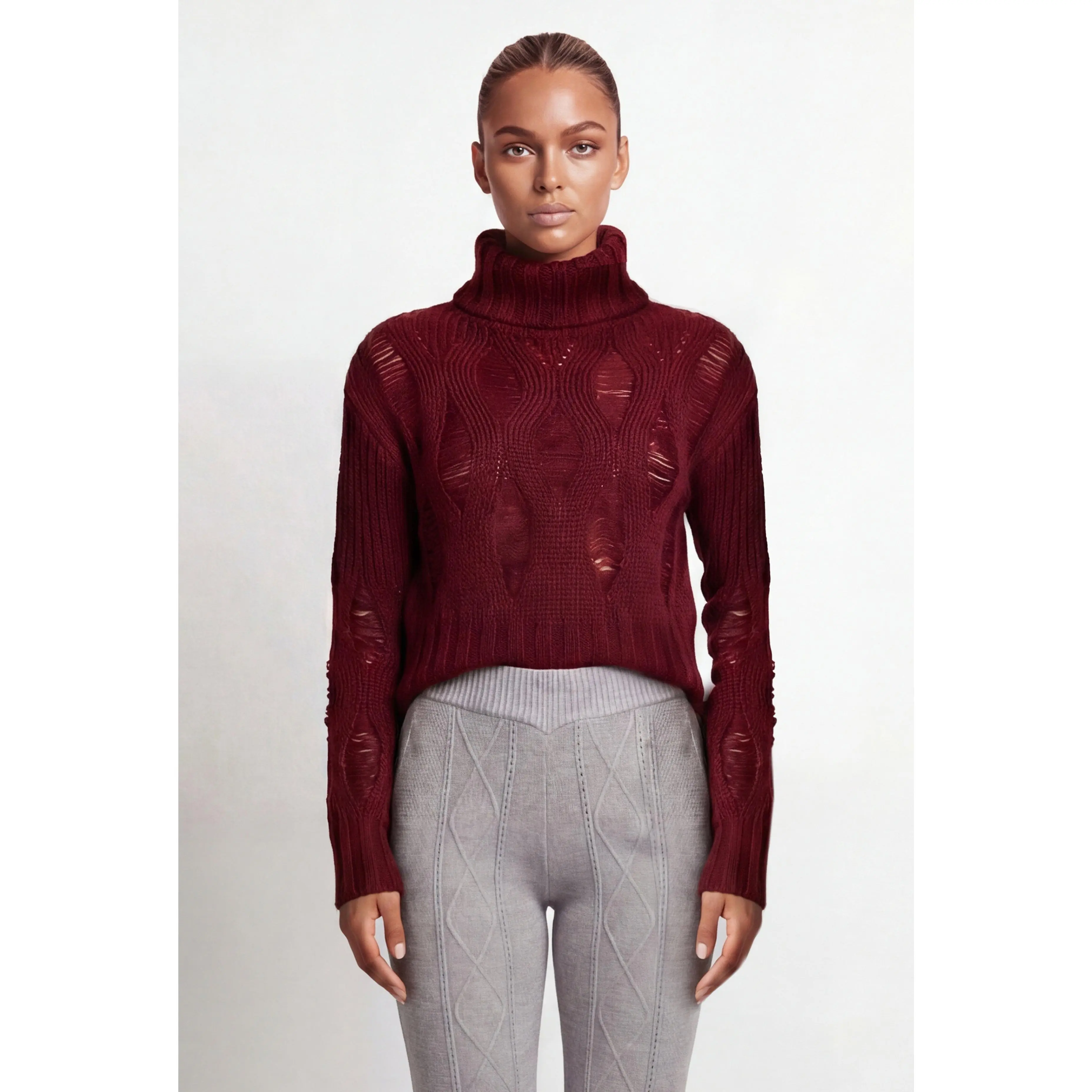 Distressed Rib Knit Turtleneck Sweater