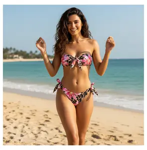 Bikini Set for Women Leopard Floral Reversible - Bandeau Swimsuit Two Piece Bathing Suit Padded Push Up Top with High Waisted Bottom for Beach Pool Vacation