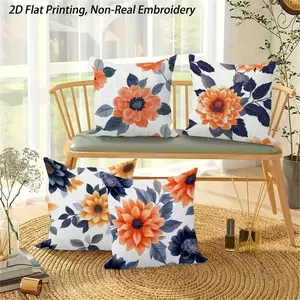 Flat Printed Pillowcase Featuring Four Orange And Navy Blue Floral Designs, Measuring 18X18 Inches. The Pillow Core Is Not Included. It Has a Single-Sided Print And Is Not a Real Pillow