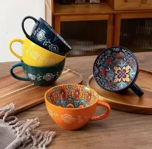 Bohemian Floral Ceramic Breakfast Cup Single Piece - Large Capacity Mug for Coffee Tea Milk Cereal Home Kitchen Tableware