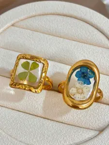 New Fashion Stainless Steel Gold Plated Resin Flower Ring, Decorated Ring, Elegant Floral Design, DIY Handmade Jewelry, Lightweight Luxury Band, All Seasons Accessory