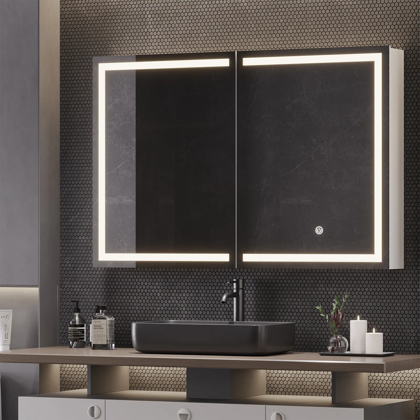 Hasuit LED Lighted Medicine Cabinet with Mirror - Wall-Mounted 2-Door Waterproof Wall Cabinet, Adjustable Storage, Built-In Lamp, Built-In Outlet, Durable Bathroom Furniture, Light Setting Memory Function, 35.4'' x 23.6'', Bathroom Vanity Organizer