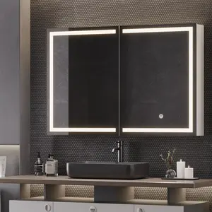 Hasuit Lighted Medicine Cabinet with Mirror, Wall Mounted Bathroom Mirror with Storage, 2 Doors Bathroom Wall Cabinet with LED Lights, 35.4'' x 23.6''