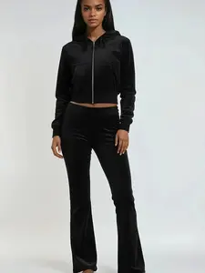 Forever 21 Women's 2-Piece Minimalist Fitted Velour Hoodie & Pant Set - Longsleeve, Zip-Front, Plush, Comfortable Lady's Everyday Casual Black Solid Women's Clothes Set