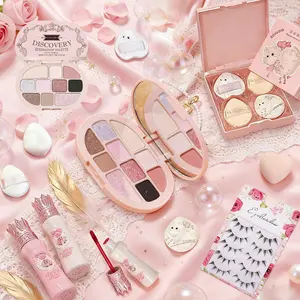 Flower Angel Series Set - includes an eyeshadow palette, a thumb puff, lip mud, and false eyelashes. Cute girly style, royal style, embossed style, pink tones, spring/summer essential, cosmetics set, affordable makeup, suitable for travel, gift included