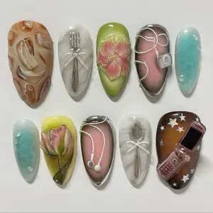 S137 Vintage Aesthetic Press-On Nails, 3D Retro Phone, Spoon & Headphones, Pastel Floral Accents, Custom Handmade, Solana Nails Town