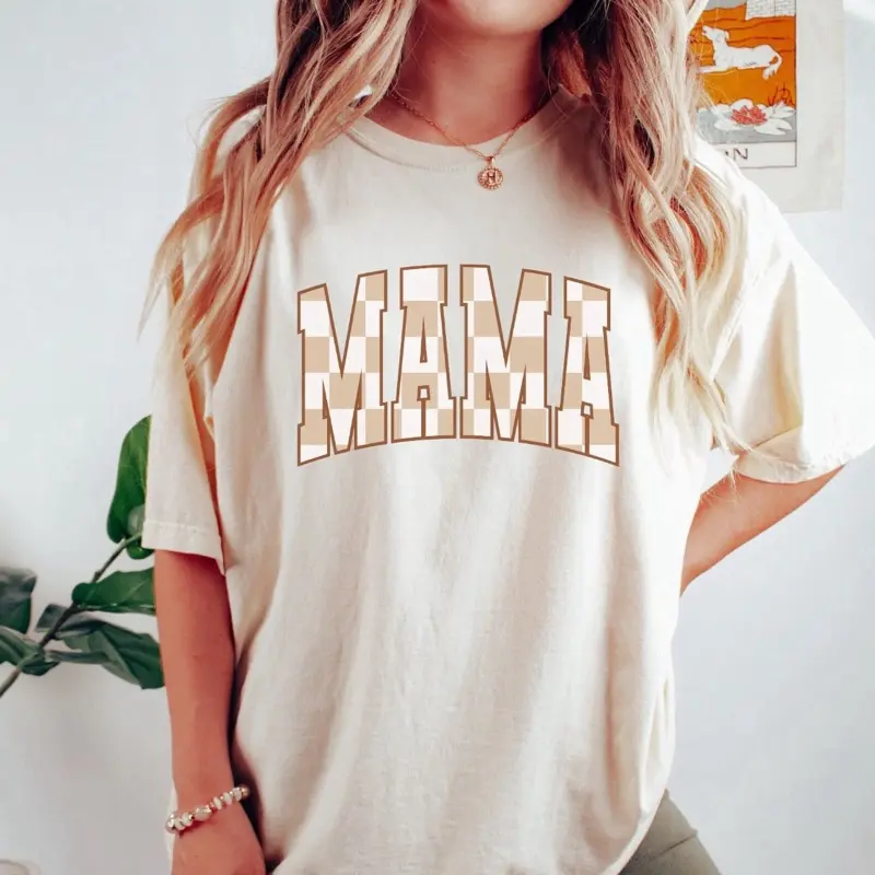 MAMA T-Shirt Grab Bag DTF Transfer Tee Shirt Women's Comfortable Short Sleeve Top with Checkered Lightning Bolt Design for Summer Wear shirts women Letter Print Graphic Womenswear Cotton Everyday Casual