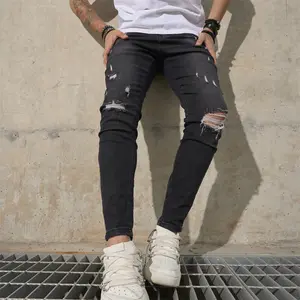 Men Stylish Holes Skinny Jeans Streetwear Male Trousers Distressed Solid Slim Denim Pants Menswear Plain Classic