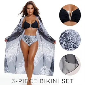 3 Piece Bikini Set with Cover Up | Leopard Print High Waisted Swimsuit with Kimono | V Hardware Bikini Top Beach Bathing Suit for Women Bohemian Style for Tropical Vacations and Pool Parties