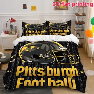 2D Flat 3Pcs Pittsburgh Football Duvet Cover, Helmet Themed Bedding with Grunge Stripes and Stars, Soft Microfiber Bed for Sports Fans Bedroom Decor, 1 + 2 Pillowcases (No Filling)