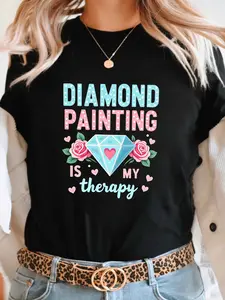 Women's "DIAMOND PAINTING IS MY Relax" T-Shirt - Short Sleeve Crew Neck Casual Top with Diamond Painting, Medium-Stretch Fit for Summer & Spring, Outfit for Diamond Enthusiasts