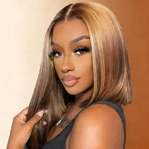 Nerkre TiktokShop 13x4 Lace Front Bob Wigs Human Hair Ombre Highlight 4/27 180% Density HD Transparent Lace Bob Wig for Women Short Straight Bob Lace Frontal Wigs Glueless Pre Plucked With Baby Hair