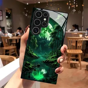 Night Forest Moonlight Illuminated Pattern Design Tempered Glass Phone Case, Suitable for Samsung Galaxy S26 S25 S24 S23 S22Pro S21 S20 Fe Plus Ultra Pro A56 A55 A54 A53 A52 A51 A36 A35 A34 A32 A26 A25 A24 A23 A16 A15 A14 A06 A05 A03s