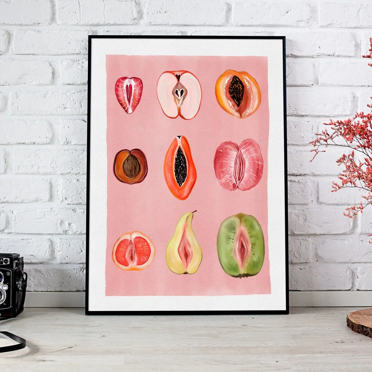 Signed Vintage "Sliced Feminine Fruit" Unframed Art Print - 12x18in Waterproof Wall Poster, Artistic Plaid Accent Decor for Living Room, Empowerment & Body Positivity Pinterest Aesthetic Inspo, Unframed Style
