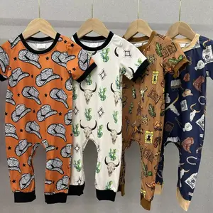 LR0060-Western Style Alert! Long Sleeve Cactus Milk Silk Baby Romper Cute Cow