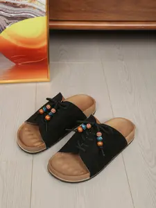 2026 Summer New Women's Cowhide Reverse Velvet Open-Toe Sandals, Bohemian Beaded Strap Flat Shoes, Casual Outdoor Indoor Beach Daily Slippers