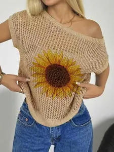 Spring Summer Women's Beach Vacation Casual Style Asymmetric Neck Shoulderless Batwing Sleeve Semi-Transparent Hollow Out, Sunflower Print Knit Top Womenswear
