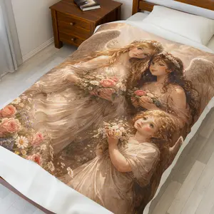 Angelic Trio with Roses Velveteen Plush Blanket | Vintage Angel Artwork