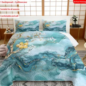 3 pcs, 2D flat print Luxury Blue Agate Marble Pattern with Golden Plum Blossom Bed Cover Set, multiple sizes available, bedding set, all seasons, Gift for loved ones(1 bedspread , 2 pillowcases)
