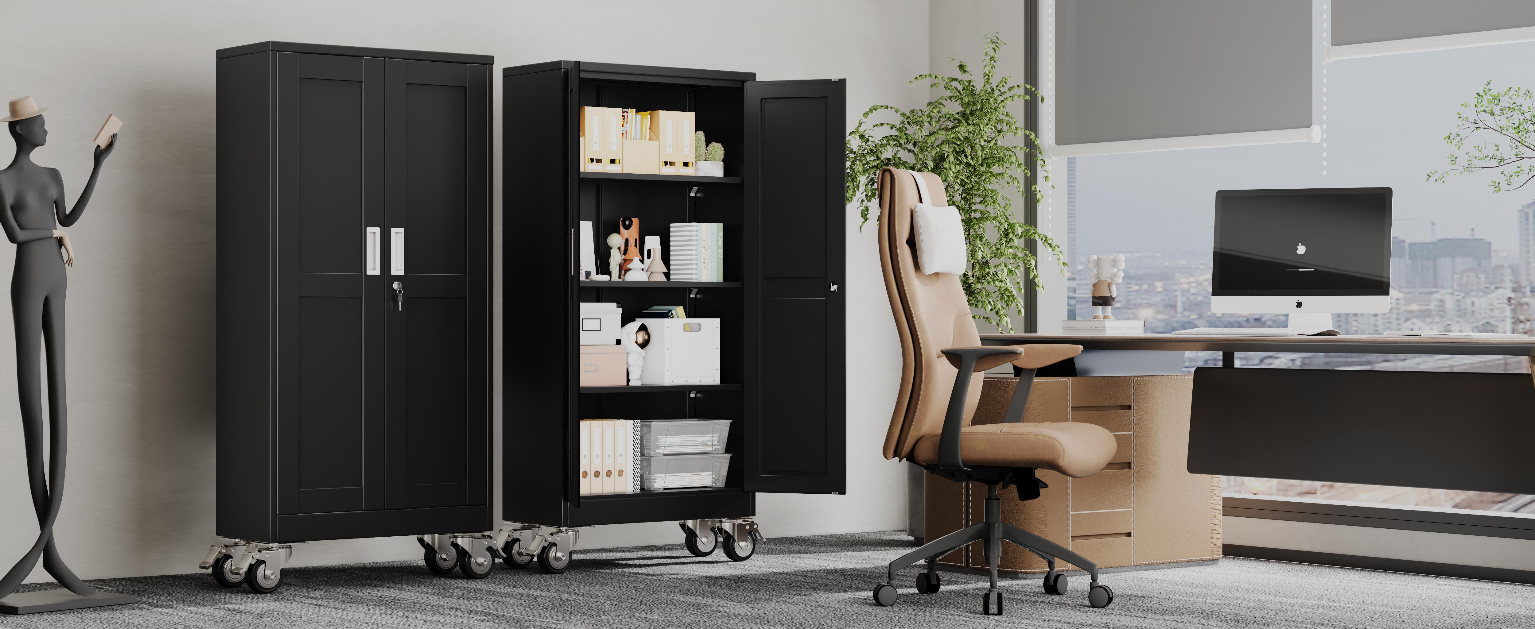 Heavy-Duty Metal Storage Cabinet with Wheels, 2-Door Steel File Cabinet with 5 Adjustable Shelves for Garage, Home Office & Warehouse Heavy-Duty Metal Storage Cabinet with Wheels, 2-Door Steel File Cabinet with 5 Adjustable Shelves for Garage, Home Office & Warehouse