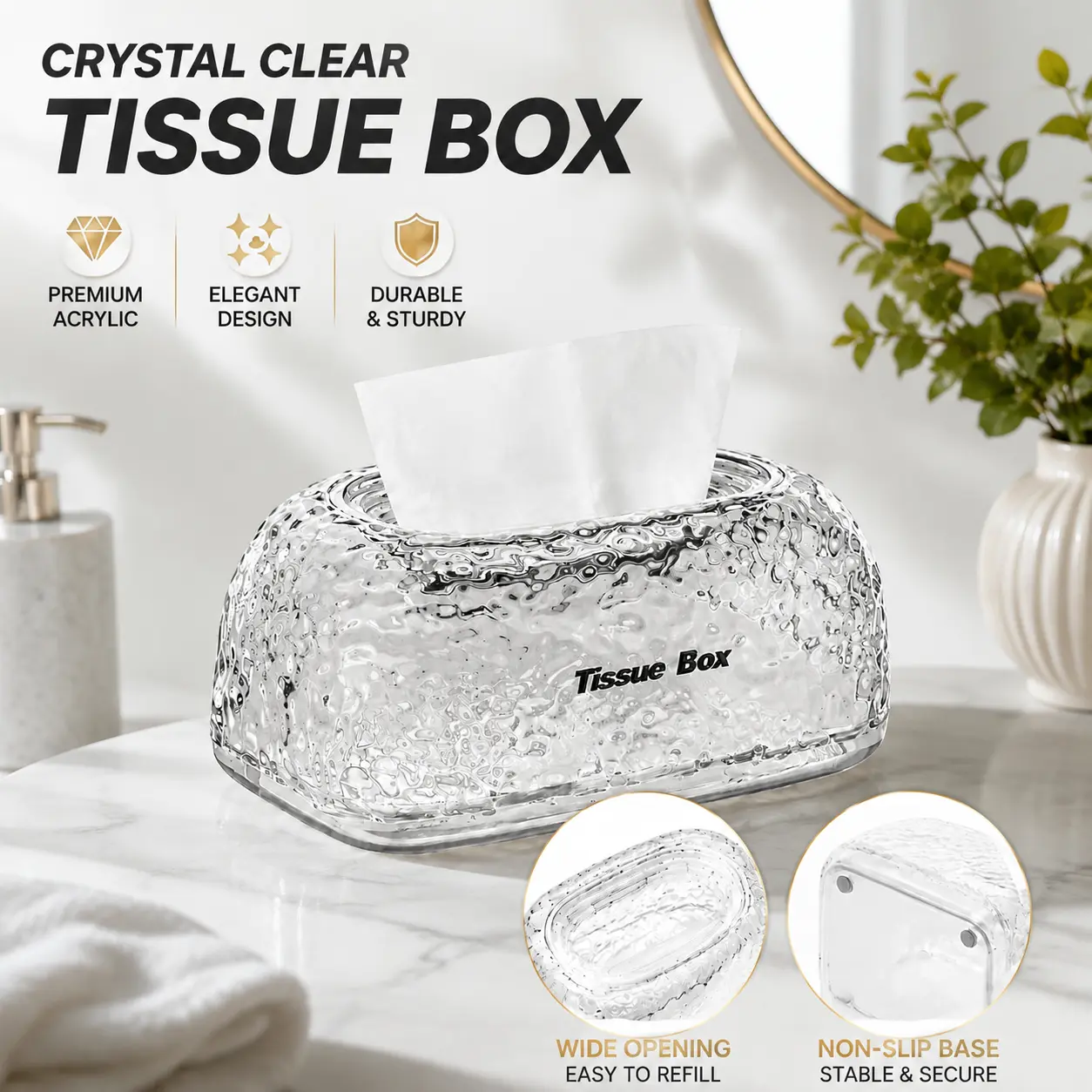 Crystal Tissue Box Cover, Decorative Glass Tissue Holder with Sparkling Design, Elegant Facial Tissue Holder for Bathroom Vanity, Bedroom & Home Decor