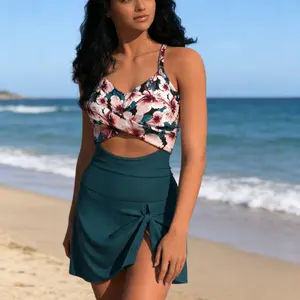European & American Style Floral Print Cutout One Piece Swimsuit, Twist Waist Tummy Control Skirted Bathing Suit, Curvy Girl Beach Photo Essential