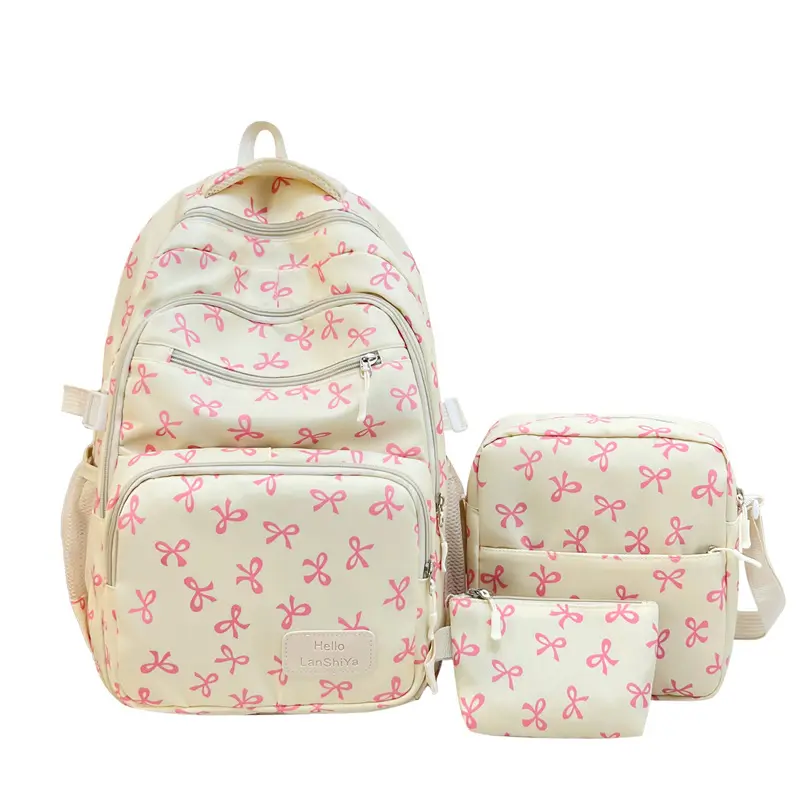 Coquette Mini Bow Print 3 Pieces Backpack Set, Cute Cream Base School Backpack + Crossbody Shoulder Bag + Pencil Case, Lightweight Water Resistant Bookbag for Teen Girls Back To School