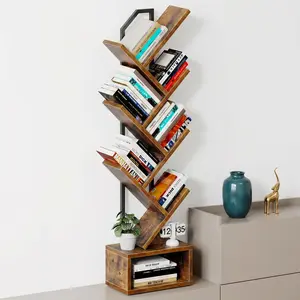 6-Tier Tree Bookshelf for Corner & Small Space, Floor Standing Book Organizer Shelf with Storage Cabinet, Home Decor for Living Room, Bedroom, Vintage