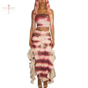 Women 2pcs Set - Sequins off shoulder Tube Tops with Irregular Split Hem skirt Check Clothes