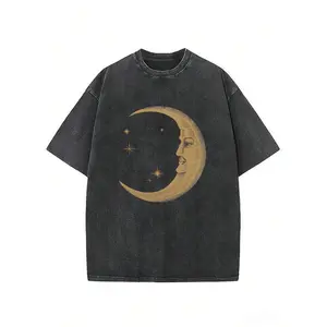 Couple's vintage washed printed T-shirt with moon face and star gold embroidery, round neck, short sleeves, casual fit, straight hem design, unisex fashion washed T-shirt, street style, printed T-shirt