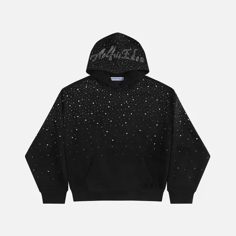 Aelfric Eden Rhinestone Cotton Pullover Hoodie - 2000s Vintage Washed, Unisex Loose Fit, Long Sleeve, Black, With Pockets, Fall Fashion, Casual Menswear, 2000s Tops, Unique Gifts For Man, Men's Gift Ideas