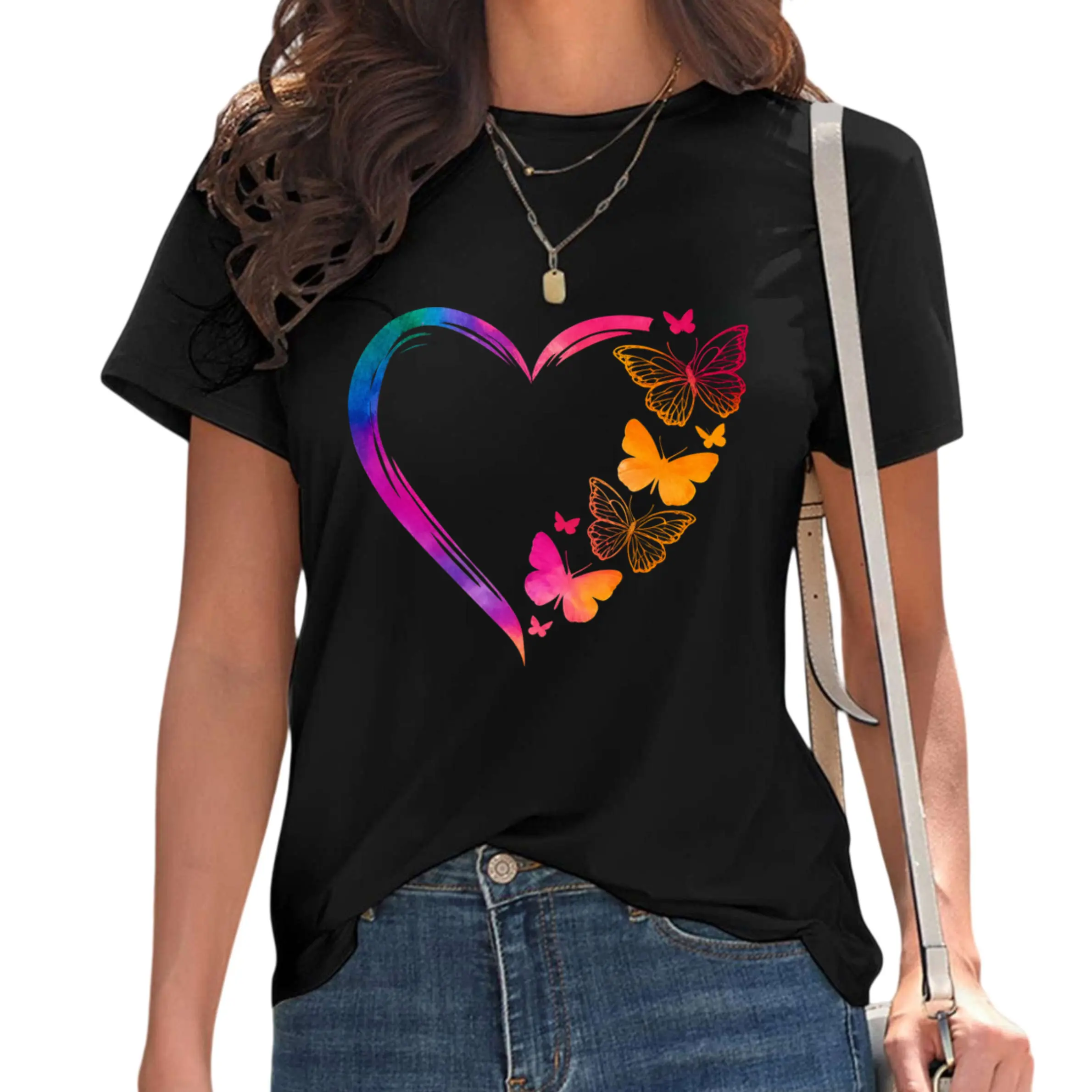 Butterfly and Heart Print Women's T Shirt with Drop Shoulder Half Sleeves Perfect for Summer Unisex Fashion