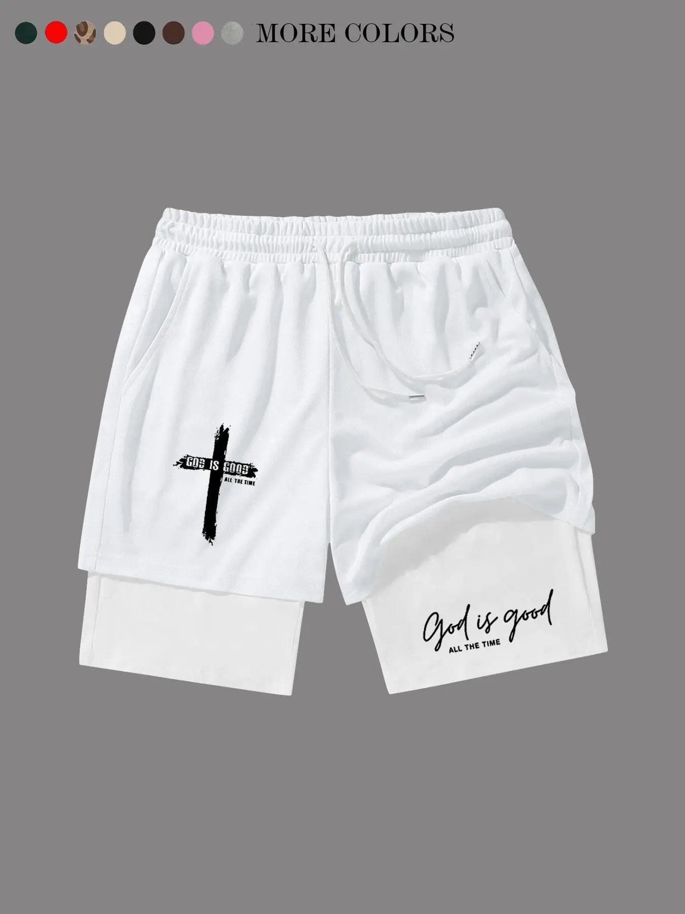 God Is Good Print Teen Boy Cross Print Drawstring Waist Dual Layer Multifunctional Casual Graphic Shorts, Spring Return to School Essential, Drawstring Waistband Shorts, Casual Fit Shorts