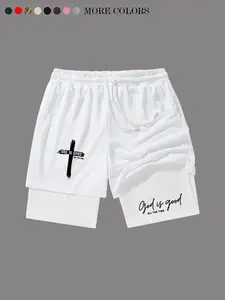 God Is Good Print Teen Boy Cross Print Drawstring Waist Dual Layer Multifunctional Casual Graphic Shorts, Spring Return to School Essential