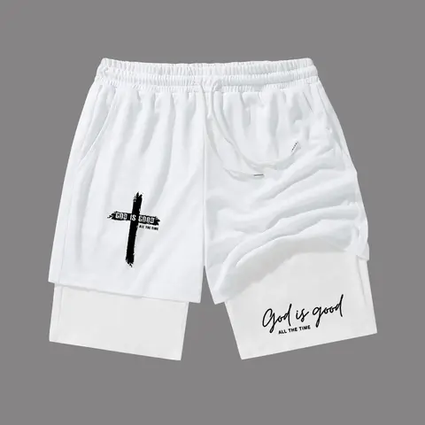 "God Is Good" Letter & Cross Print Drawstring Waist 2-in-1 Shorts, Multifunctional Graphic Shorts, Pocket Design Shorts, Casual Fit Shorts, Everyday Shorts