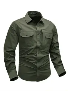 Men's Solid Pocket Button Front Shirt, Regular Fit Casual Long Sleeve Collared Top for Fall & Winter, Men's Clothing for Outdoor Work, Work Shirt, Button Up Shirt, Clothing